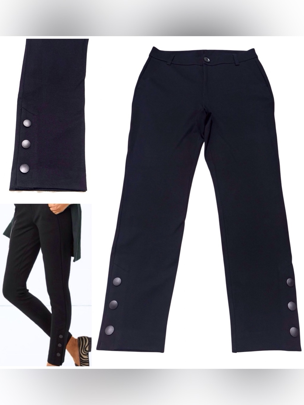Cabi Black Stretch Evening Trouser Pants Size 6 Style #3746 Buttons on Legs